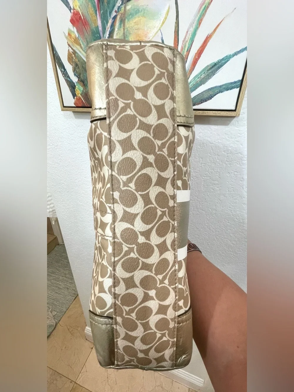 Coach Beige Signature Stripe Tote with Gold Trim